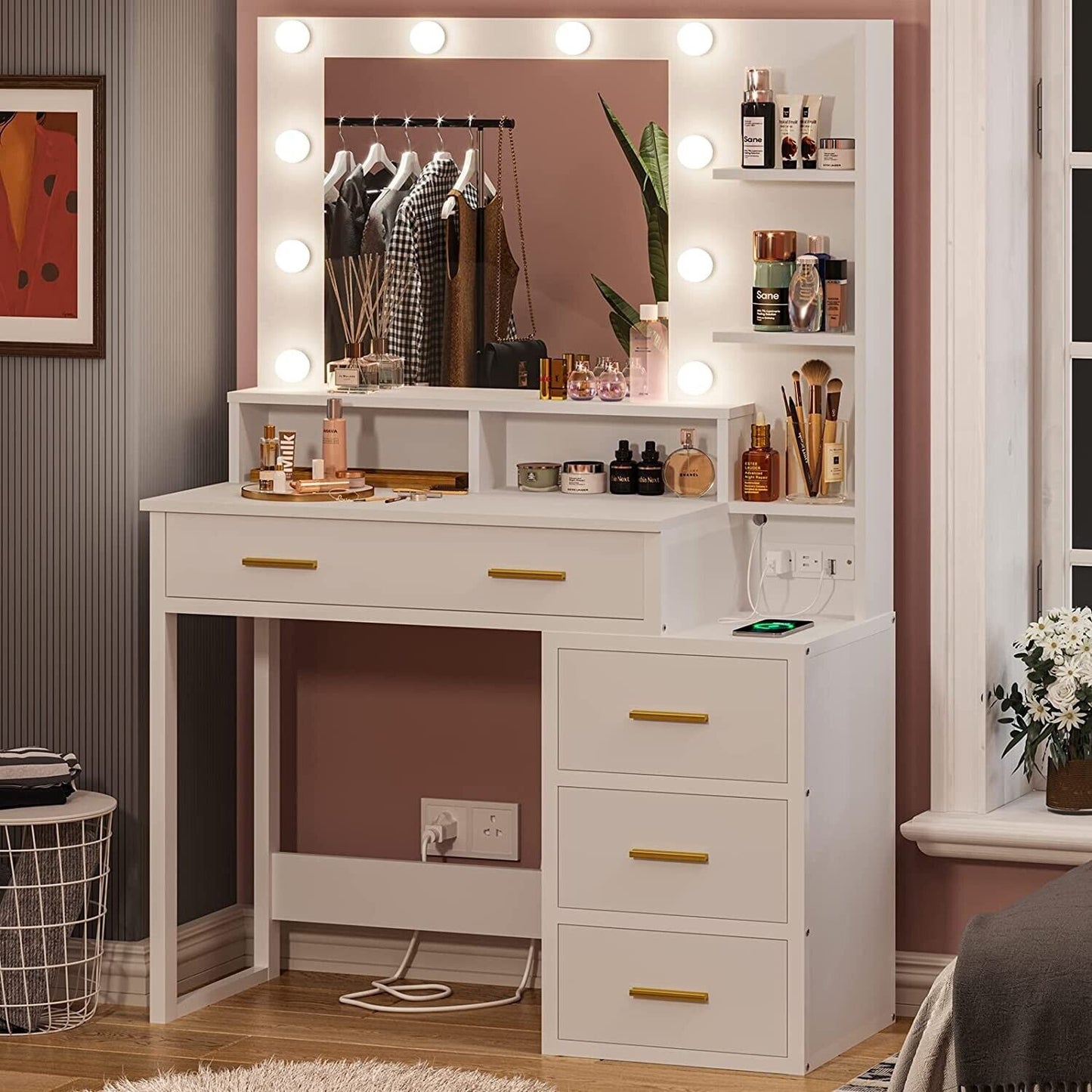 Vanity Table with Lighted Mirror & 5 Drawers