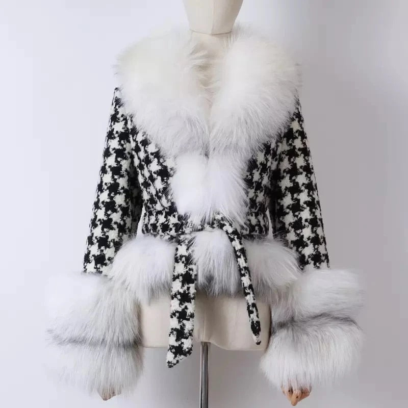 Classy Houndstooth Fur Coat