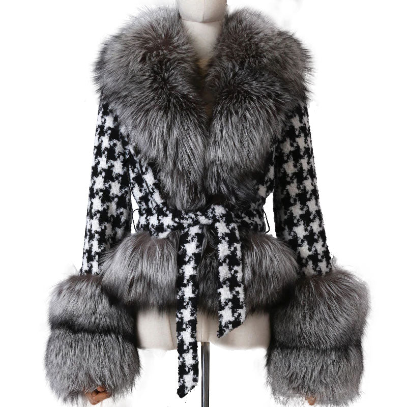 Classy Houndstooth Fur Coat