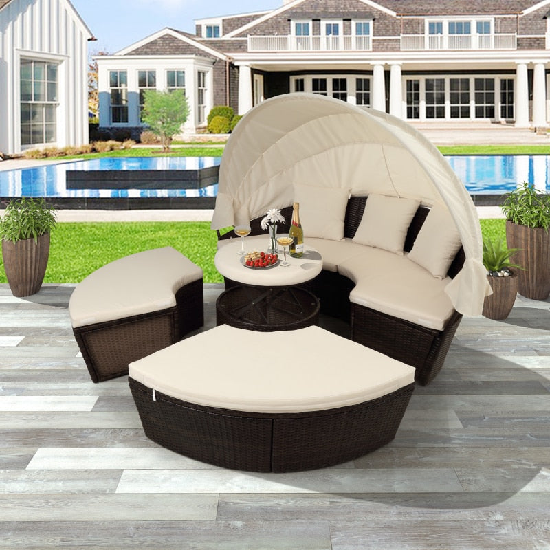 Outdoor Sectional Sofa Sunbed with Retractable Canopy, Separate Seating and Removable Cushion