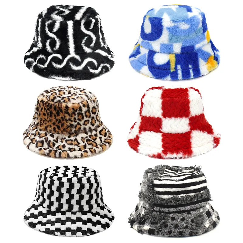 Checkered Fur Bucket Hat
