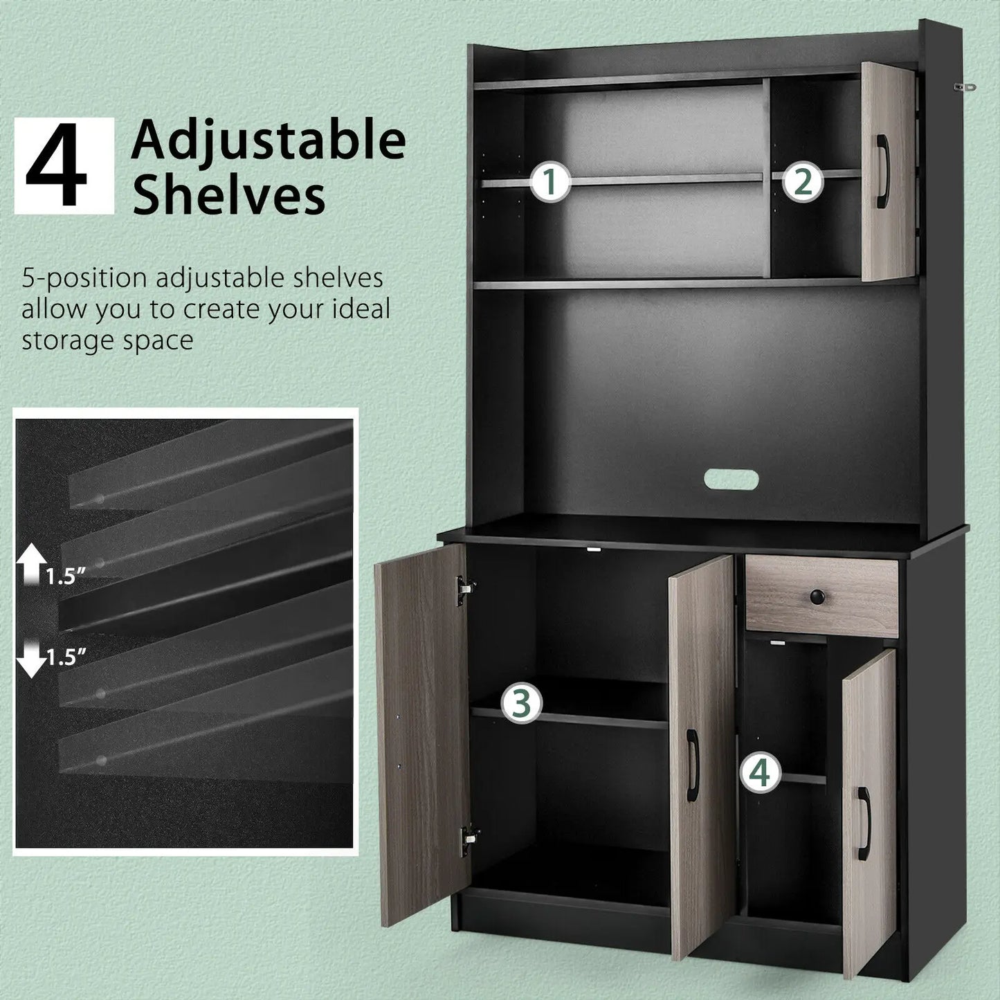 4-Door 71" Kitchen Buffet Pantry Cabinet w/Hutch Adjustable Shelf