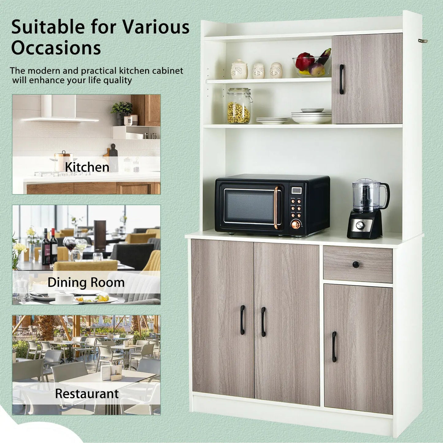 4-Door 71" Kitchen Buffet Pantry Cabinet w/Hutch Adjustable Shelf