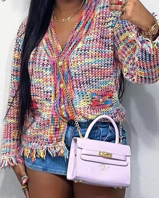 Rainbow Knitted Tassel Cardigan