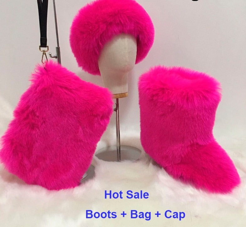 Fur Queen Boots With Headband and Purse