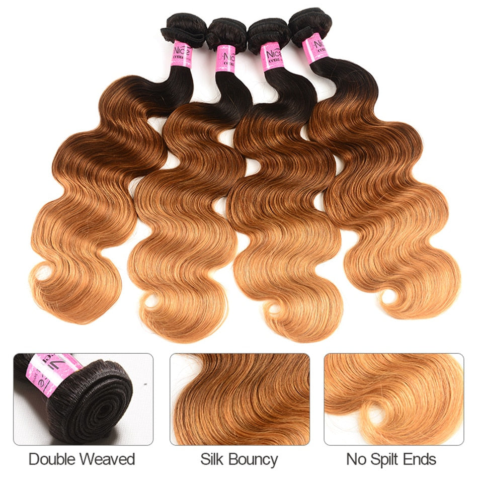 Peruvian Body Wave Ombre Hair Extensions Color T1b/4/27 Human Hair 3 Bundles Three Tone Remy Hair Weaves 16-26inch