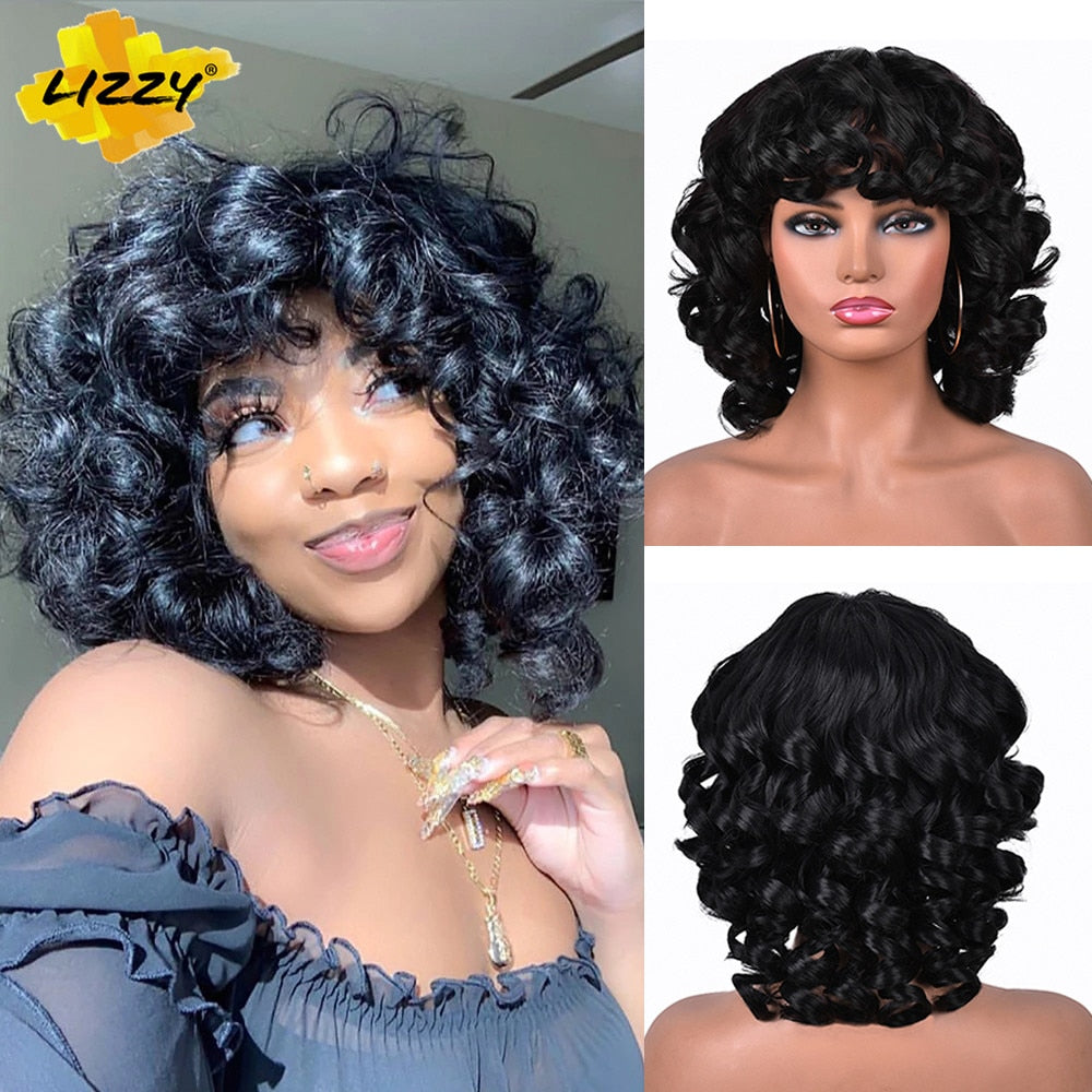 Short Hair Afro Curly Wig With Bangs Loose Synthetic  Fluffy Shoulder Length Natural Wigs For Black Women Dark Brown 14"