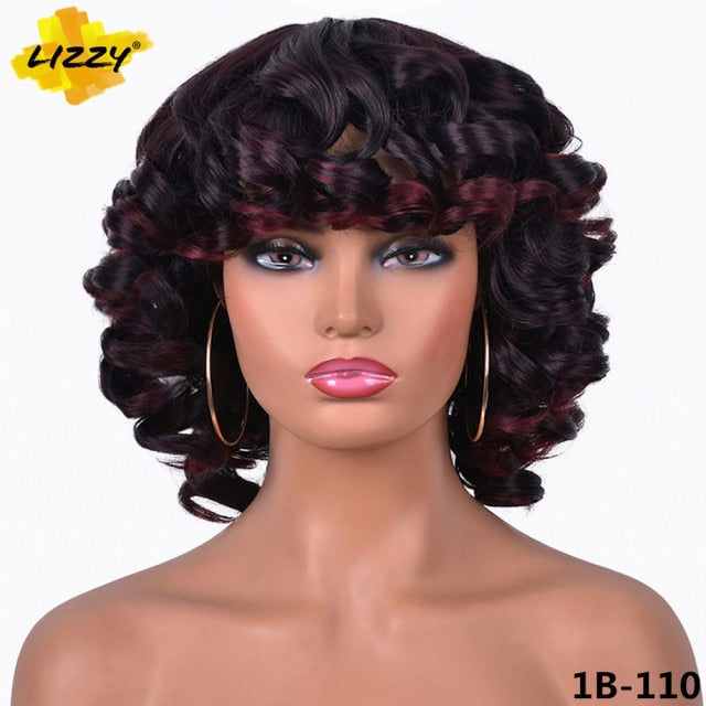 Short Hair Afro Curly Wig With Bangs Loose Synthetic  Fluffy Shoulder Length Natural Wigs For Black Women Dark Brown 14"