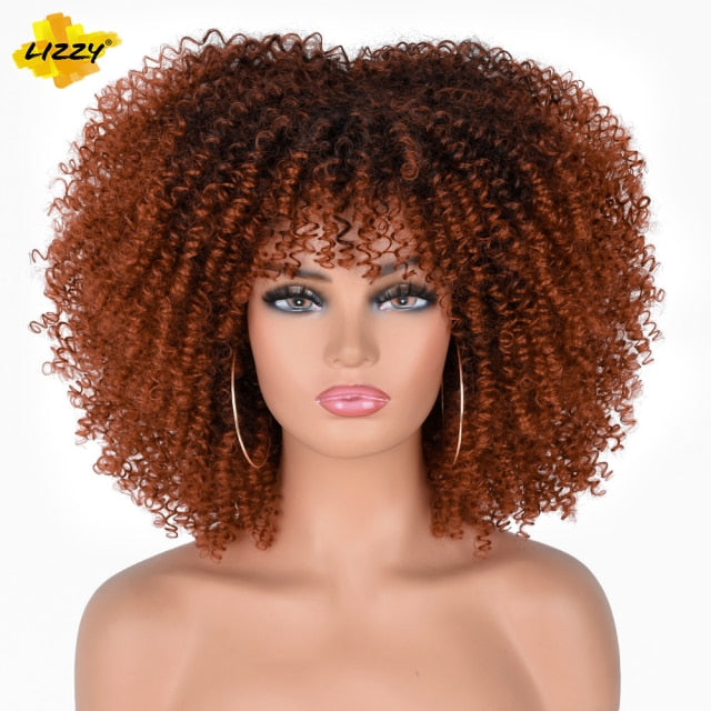 Short Hair Afro Kinky Curly Wigs With Bangs For Black Women African Synthetic Glueless  Wigs High Temperature