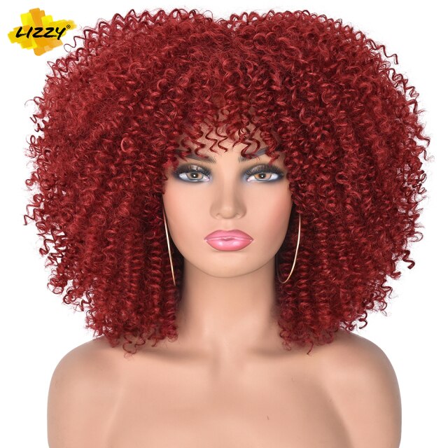 Short Hair Afro Kinky Curly Wigs With Bangs For Black Women African Synthetic Glueless  Wigs High Temperature