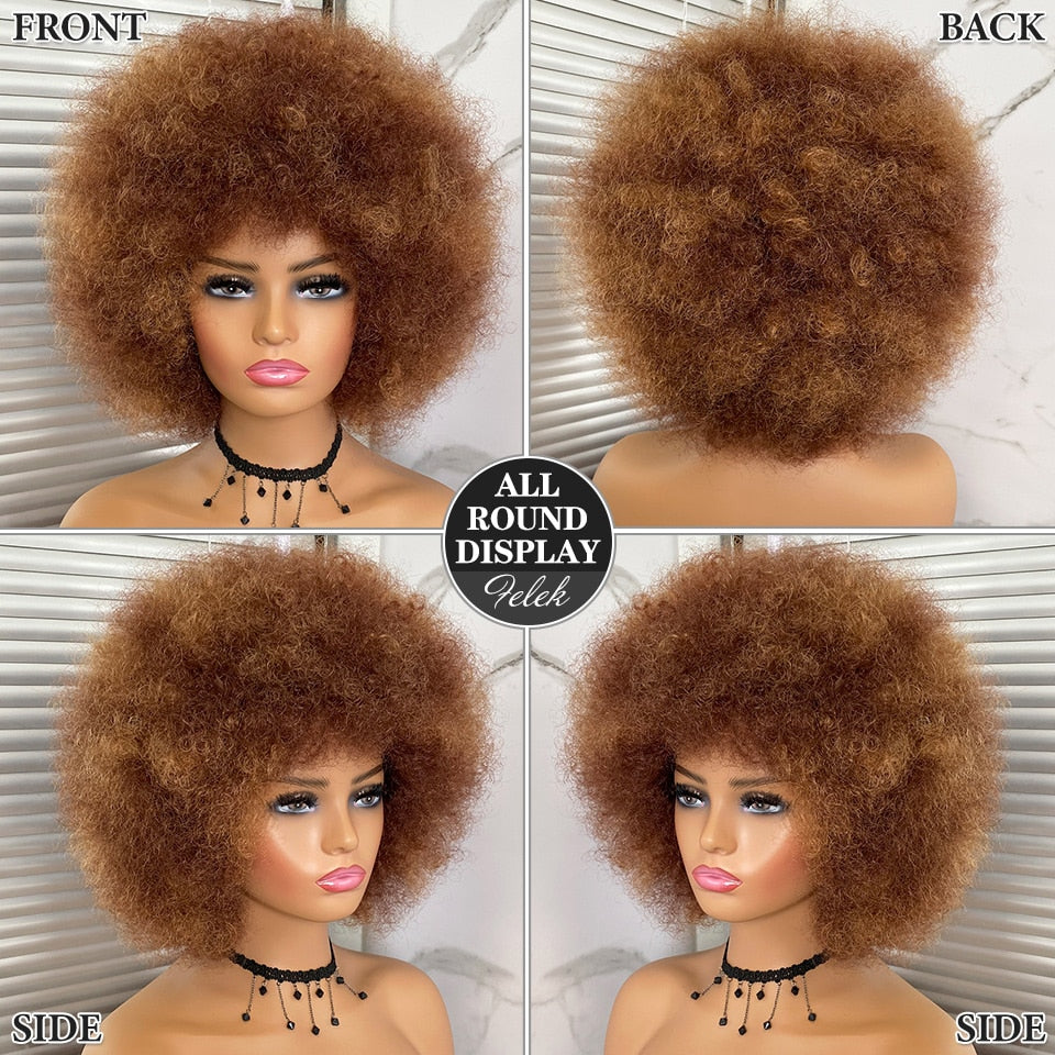 Short Hair Afro Kinky Curly Wigs With Bangs Synthetic Ombre Glueless
