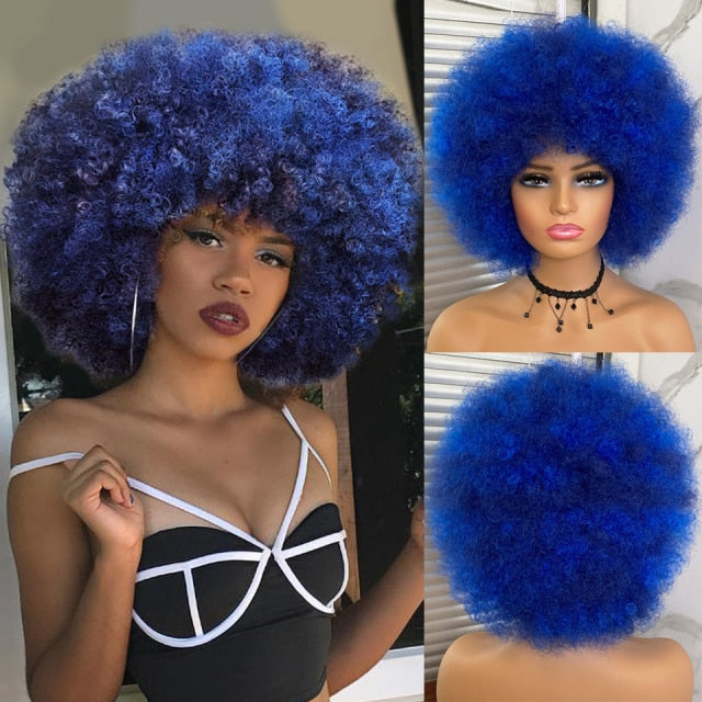 Short Hair Afro Kinky Curly Wigs With Bangs Synthetic Ombre Glueless